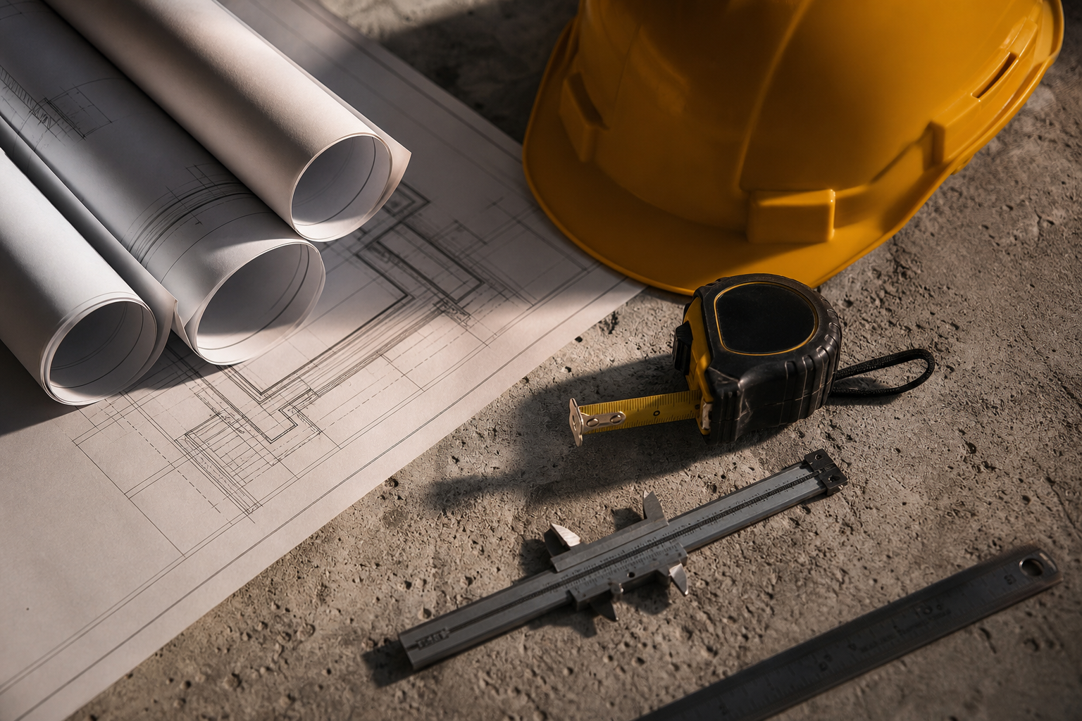 Construction drawings, hard hat and tools on a concrete surface