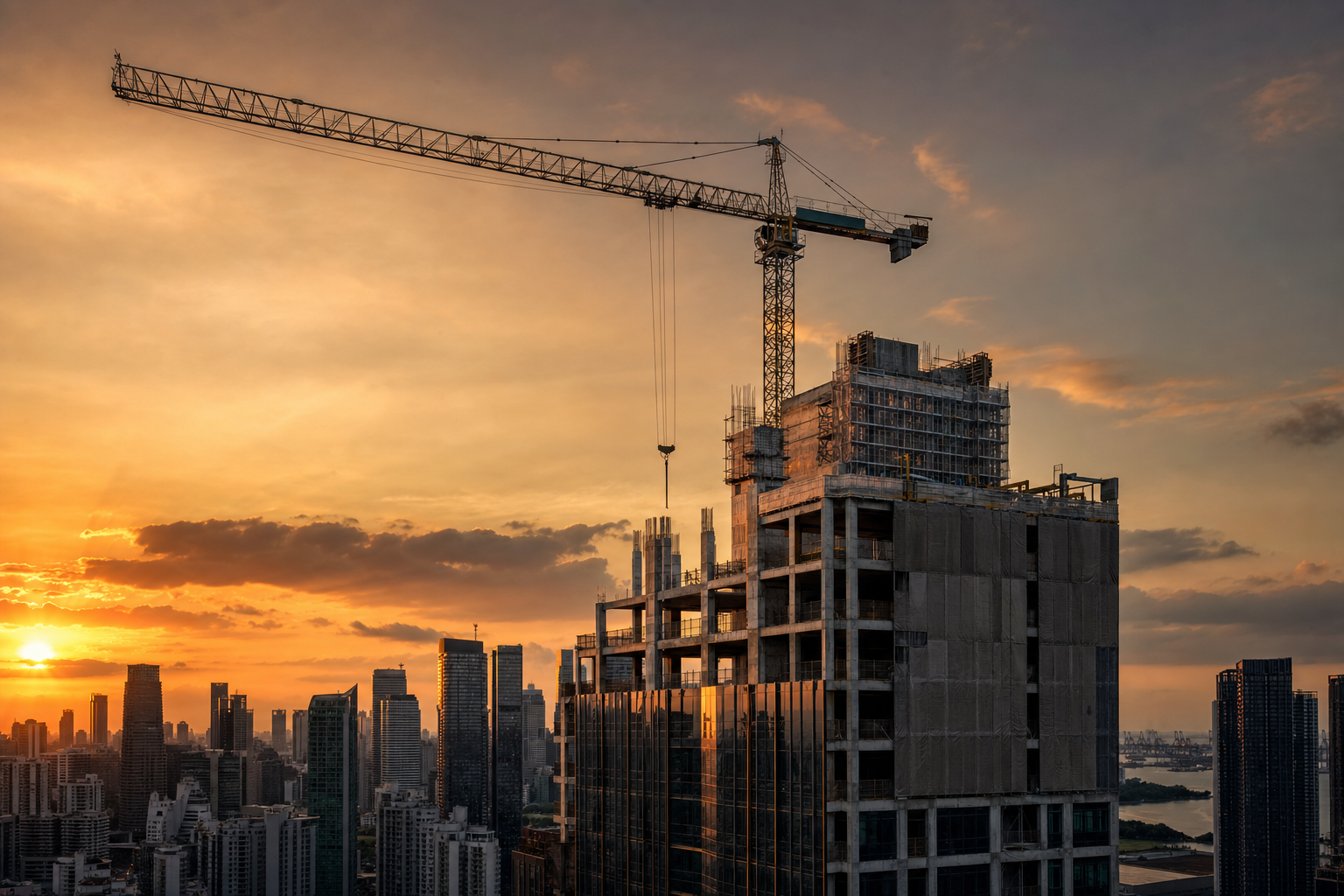 High-rise development under construction at golden hour, Singapore