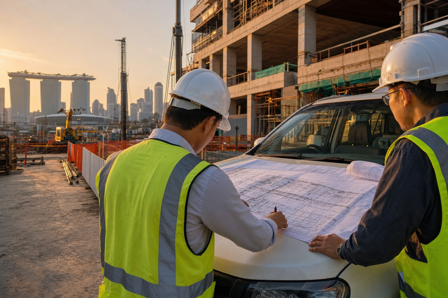 LKP SG project engineers reviewing drawings on site